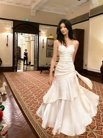 White Ruffle Evening Prom Dress Spaghetti Straps Birthday Dress J6524