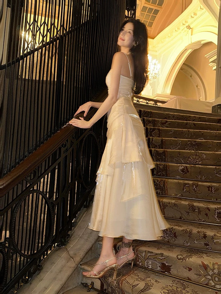 White Ruffle Evening Prom Dress Spaghetti Straps Birthday Dress J6524