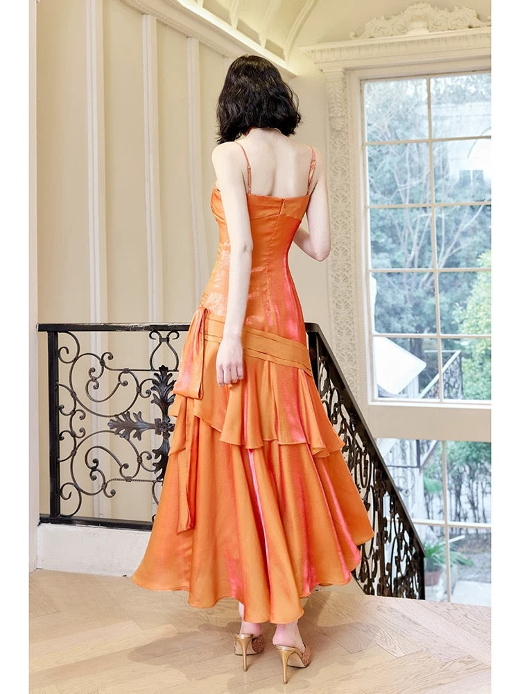Ruffle Orange Prom Dress Spaghetti Straps Birthday Dress J6524