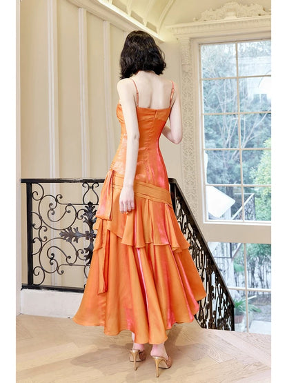 Ruffle Orange Prom Dress Spaghetti Straps Birthday Dress J6524