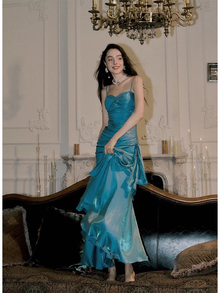 Blue Ruffle Evening Dress Spaghetti Straps  Birthday Dress J6524