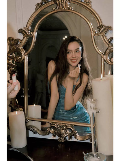 Blue Ruffle Evening Dress Spaghetti Straps  Birthday Dress J6524