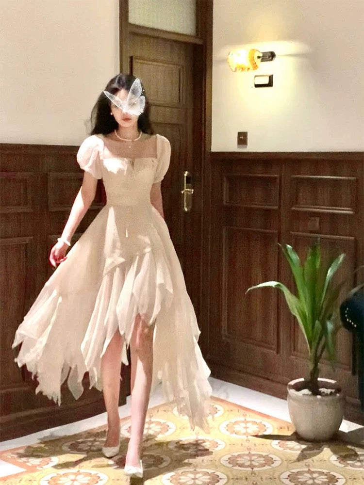 Robe de bal trapèze ivoire en mousseline de soie à volants, robe d'anniversaire J6528