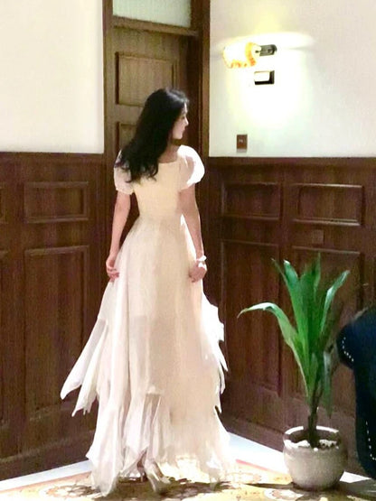 Robe de bal trapèze ivoire en mousseline de soie à volants, robe d'anniversaire J6528