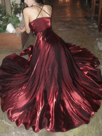 Burgunderrotes Ballkleid mit Spaghettiträgern in A-Linie, Geburtstagsoutfit J6530