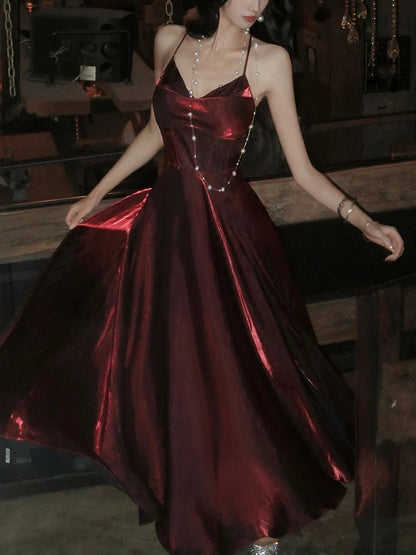 Burgunderrotes Ballkleid mit Spaghettiträgern in A-Linie, Geburtstagsoutfit J6530