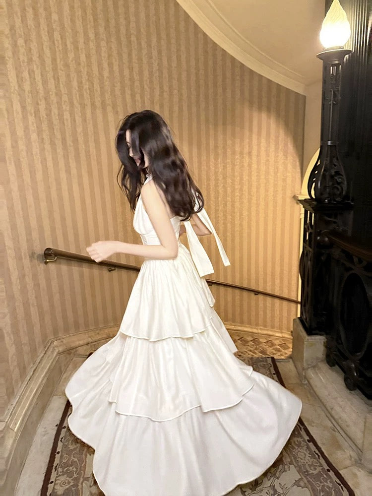 Halter A Line Tiered Prom Dress V Neck White Evening Dress J6532