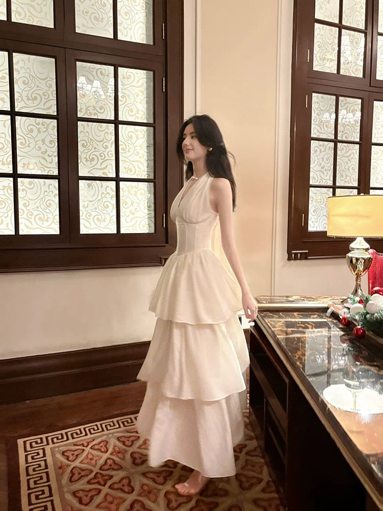 Halter A Line Tiered Prom Dress V Neck White Evening Dress J6532