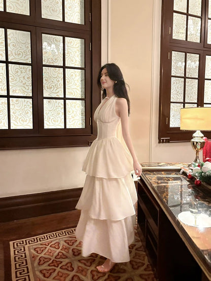 Halter A Line Tiered Prom Dress V Neck White Evening Dress J6532