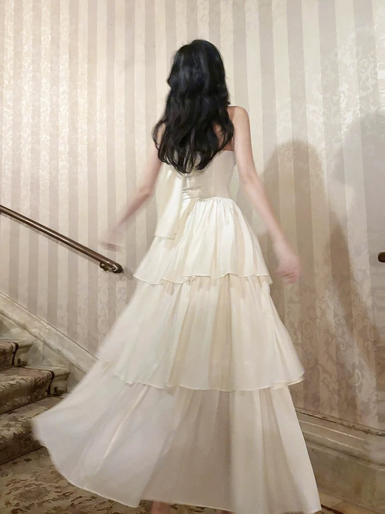 Halter A Line Tiered Prom Dress V Neck White Evening Dress J6532