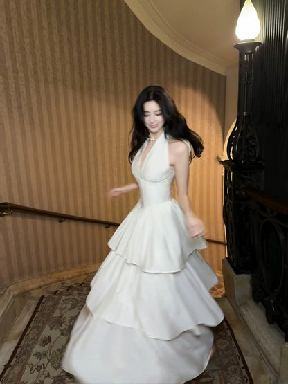 Halter A Line Tiered Prom Dress V Neck White Evening Dress J6532