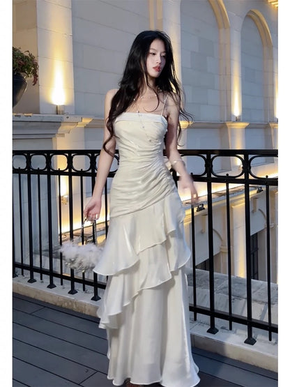 Robe de bal blanche à bretelles spaghetti et volants pour adolescentes, tenue de remise de diplôme J6534