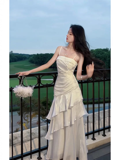 Robe de bal blanche à bretelles spaghetti et volants pour adolescentes, tenue de remise de diplôme J6534