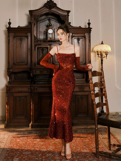 Spaghetti Straps Burgundy Lace Formal Dress Sequin Evening Dress J6535