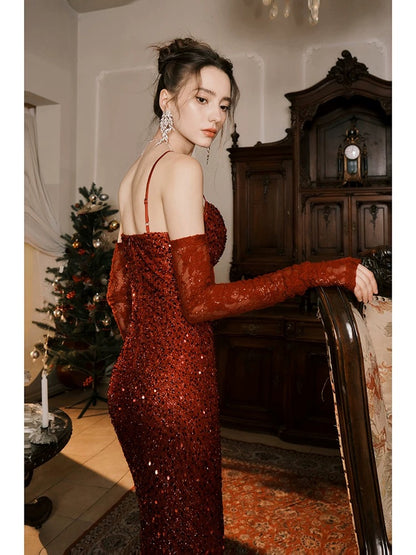 Spaghetti Straps Burgundy Lace Formal Dress Sequin Evening Dress J6535