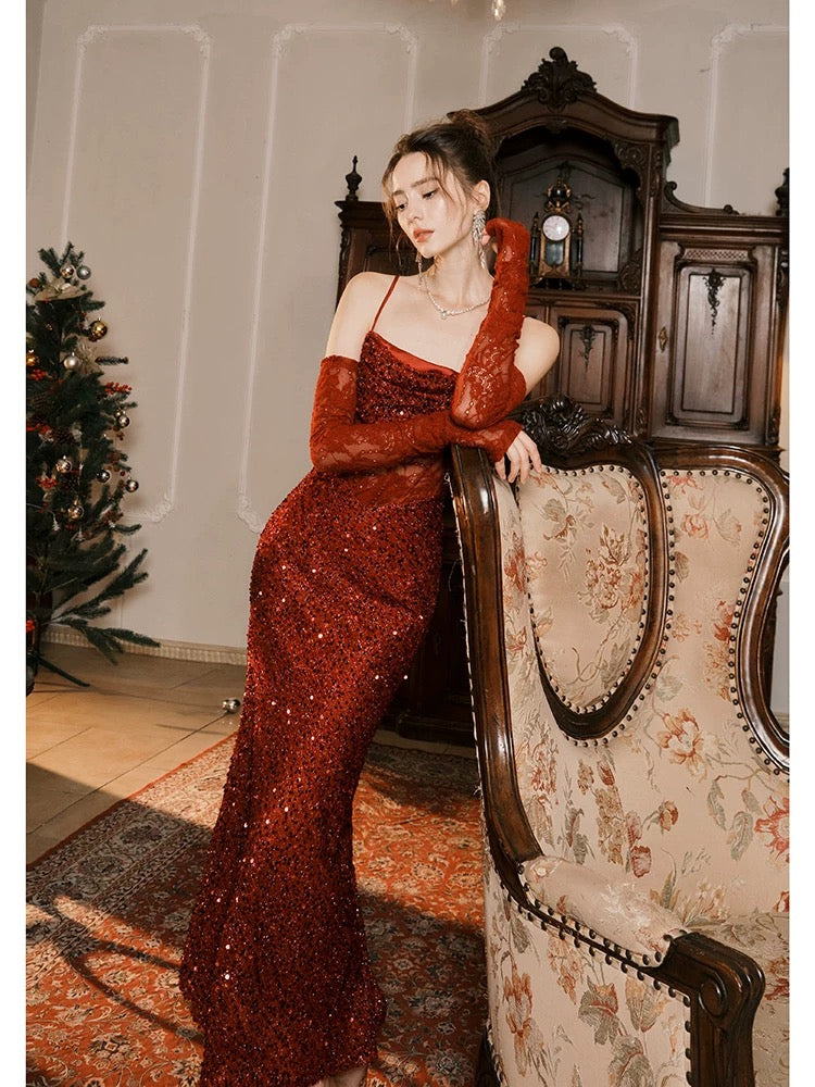 Spaghetti Straps Burgundy Lace Formal Dress Sequin Evening Dress J6535