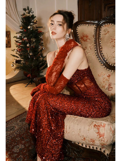 Spaghetti Straps Burgundy Lace Formal Dress Sequin Evening Dress J6535