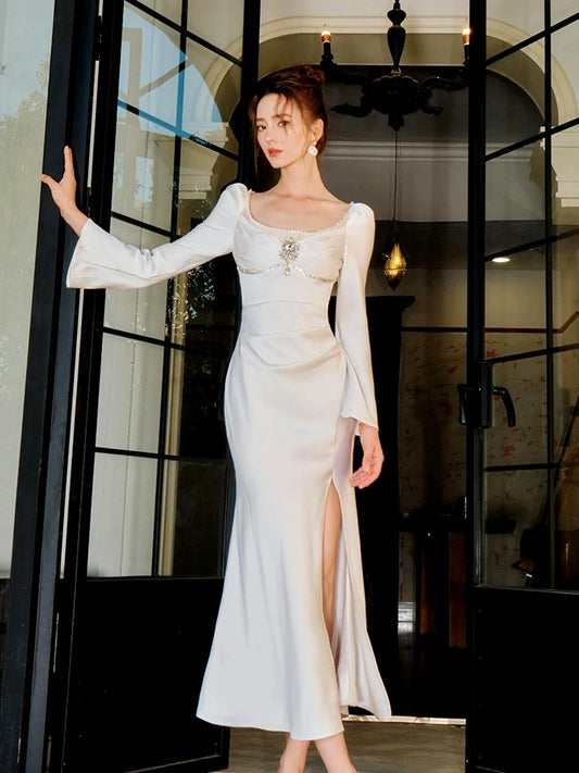 Meerjungfrau Elegantes Satin Abendkleid Lange Ärmel Abendkleid J6536