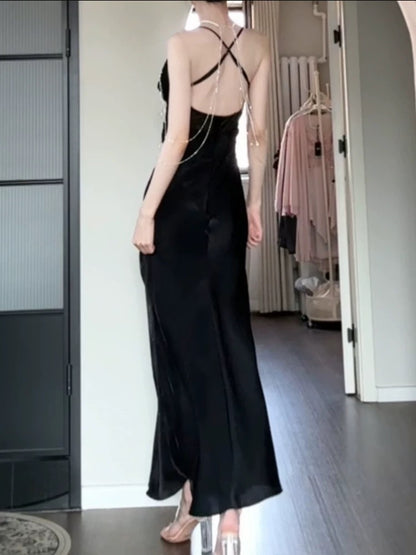 Robe de bal noire à bretelles spaghetti, tenue d'anniversaire J6538