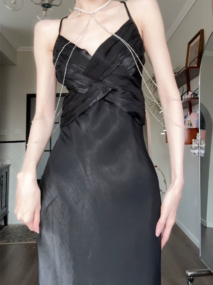 Robe de bal noire à bretelles spaghetti, tenue d'anniversaire J6538
