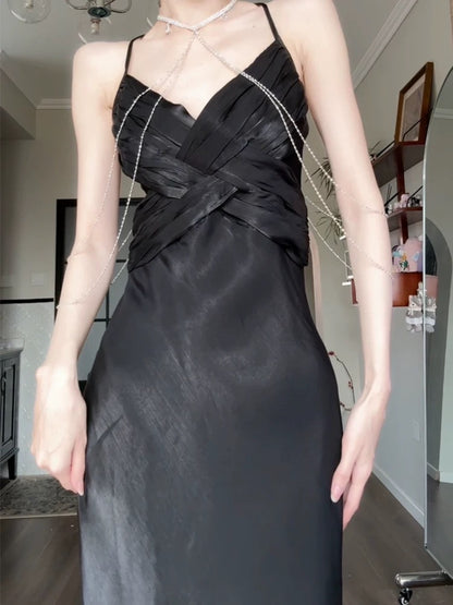Robe de bal noire à bretelles spaghetti, tenue d'anniversaire J6538