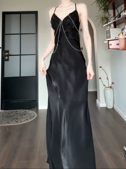 Robe de bal noire à bretelles spaghetti, tenue d'anniversaire J6538