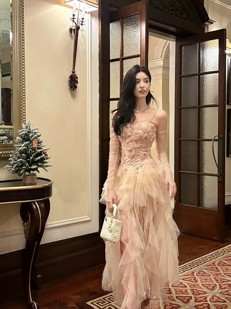 Spaghettiträger A-Linie Rüschen Ballkleid Geburtstagsoutfit J6539