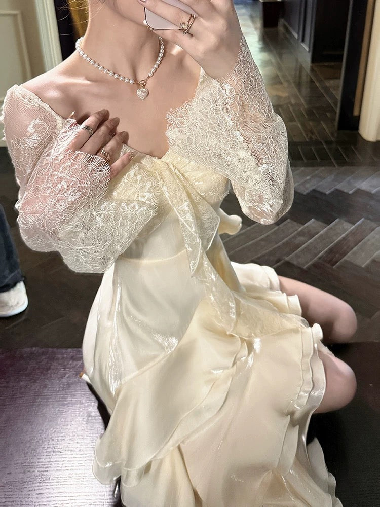 Long Lace Sleeves Ruffle Prom Dress Birthday Outfit J6540