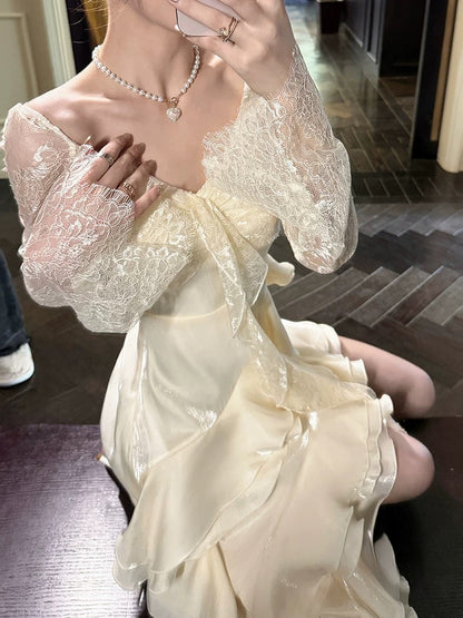 Long Lace Sleeves Ruffle Prom Dress Birthday Outfit J6540