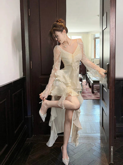 Long Lace Sleeves Ruffle Prom Dress Birthday Outfit J6540