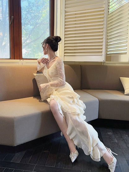 Long Lace Sleeves Ruffle Prom Dress Birthday Outfit J6540