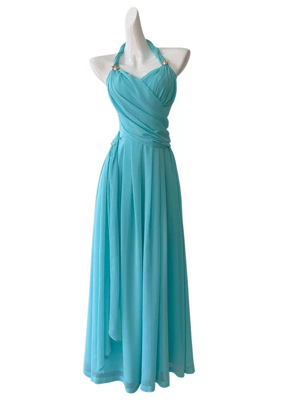 Robe de soirée en mousseline de soie bleue à col licou et coupe trapèze J6545