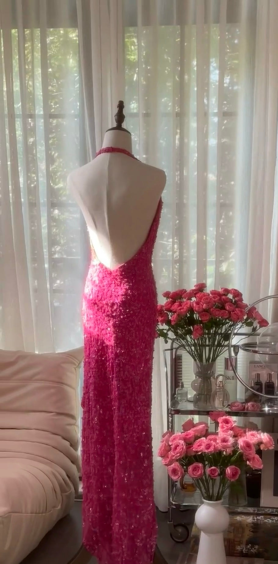 Halter Mermaid Pink Prom Dress Sequin Backless Evening Dress J6547