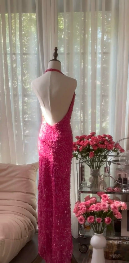 Halter Mermaid Pink Prom Dress Sequin Backless Evening Dress J6547