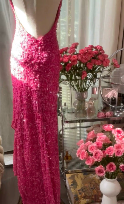 Halter Mermaid Pink Prom Dress Sequin Backless Evening Dress J6547