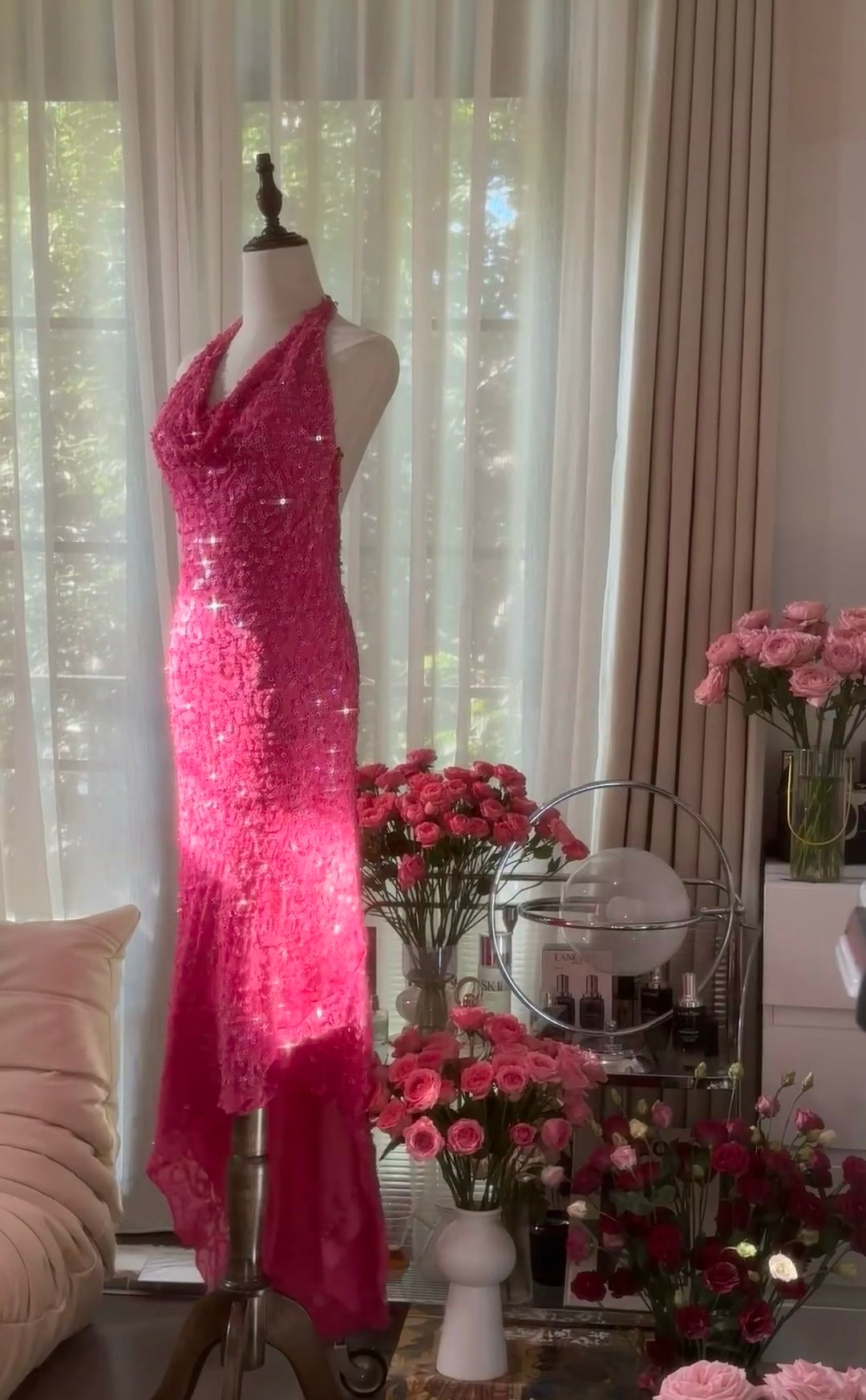 Halter Mermaid Pink Prom Dress Sequin Backless Evening Dress J6547