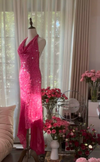 Halter Mermaid Pink Prom Dress Sequin Backless Evening Dress J6547