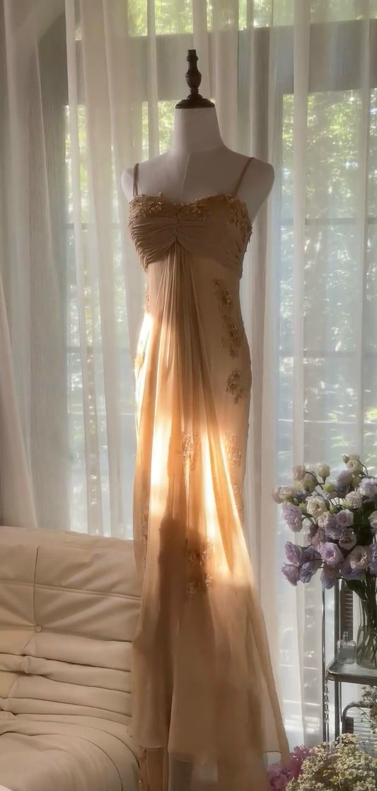 Spaghettiträger Chiffon Applique Ballkleid Vintage Abendkleid J6548