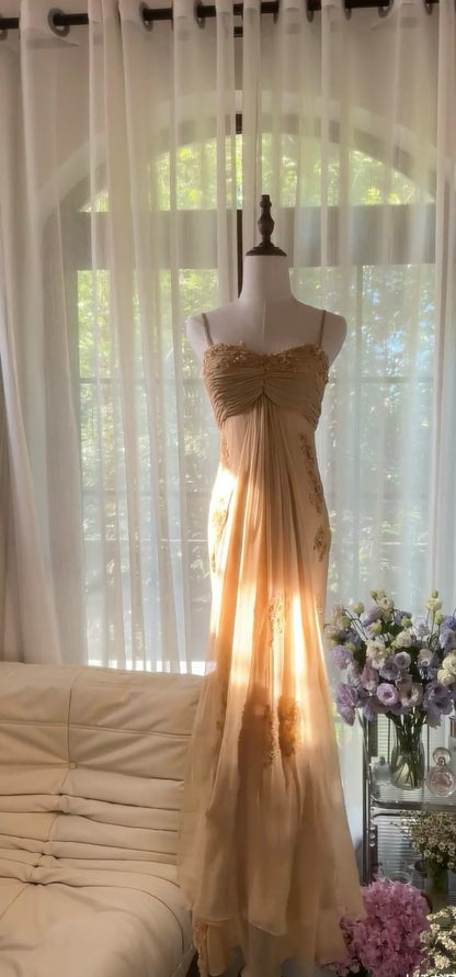 Spaghettiträger Chiffon Applique Ballkleid Vintage Abendkleid J6548