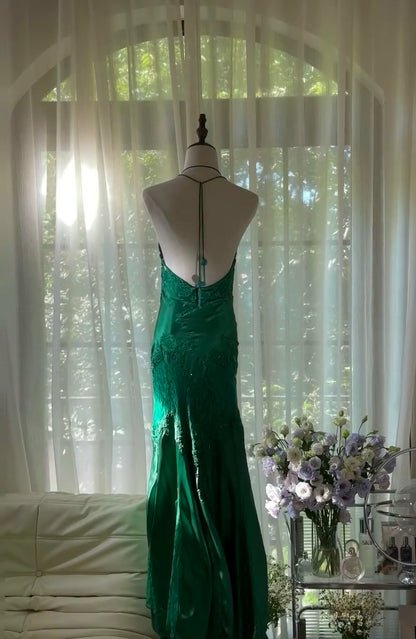 Neckholder Meerjungfrau Grün Ballkleid Applikation Vintage Abendkleid J6549