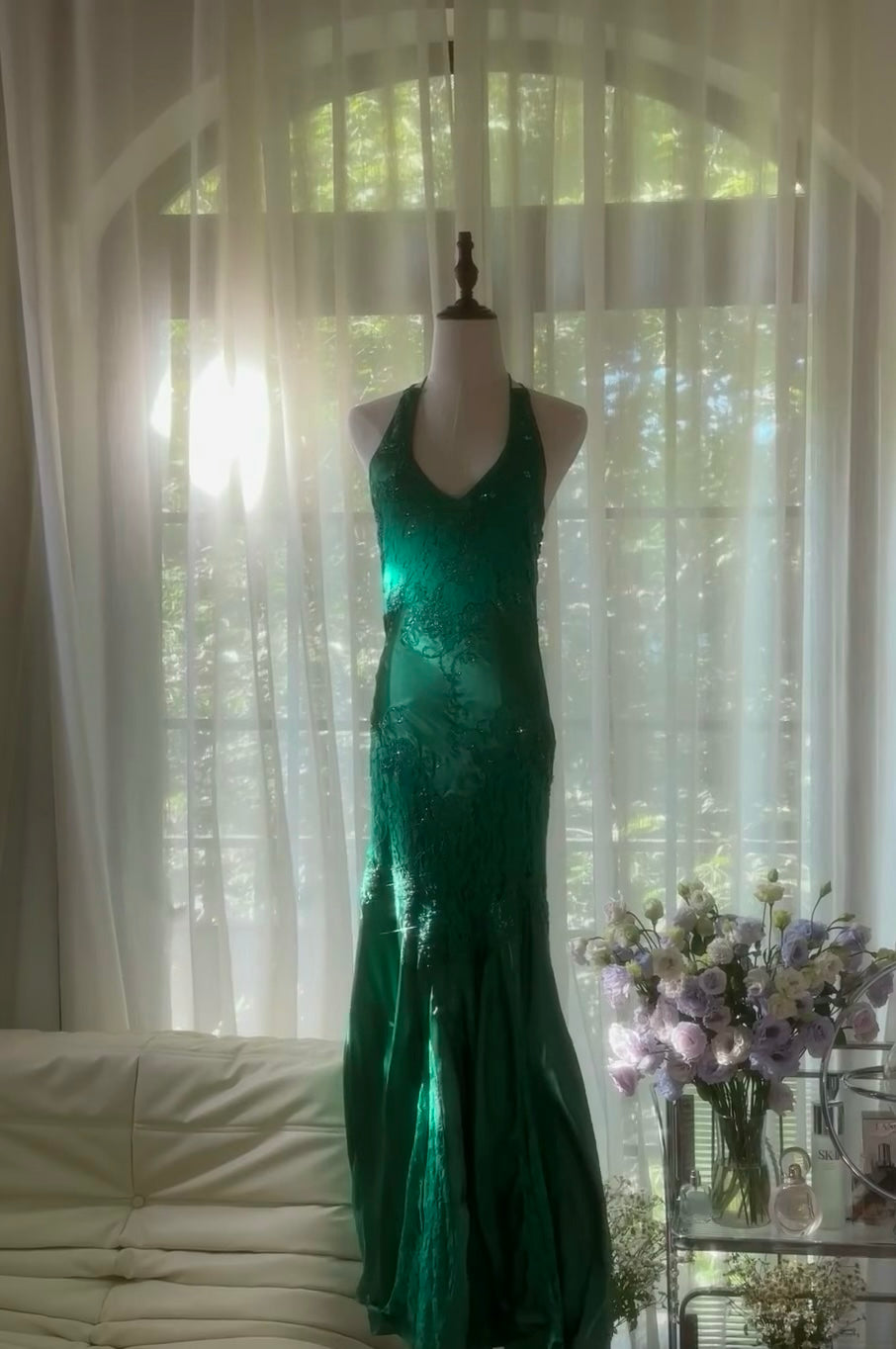 Neckholder Meerjungfrau Grün Ballkleid Applikation Vintage Abendkleid J6549