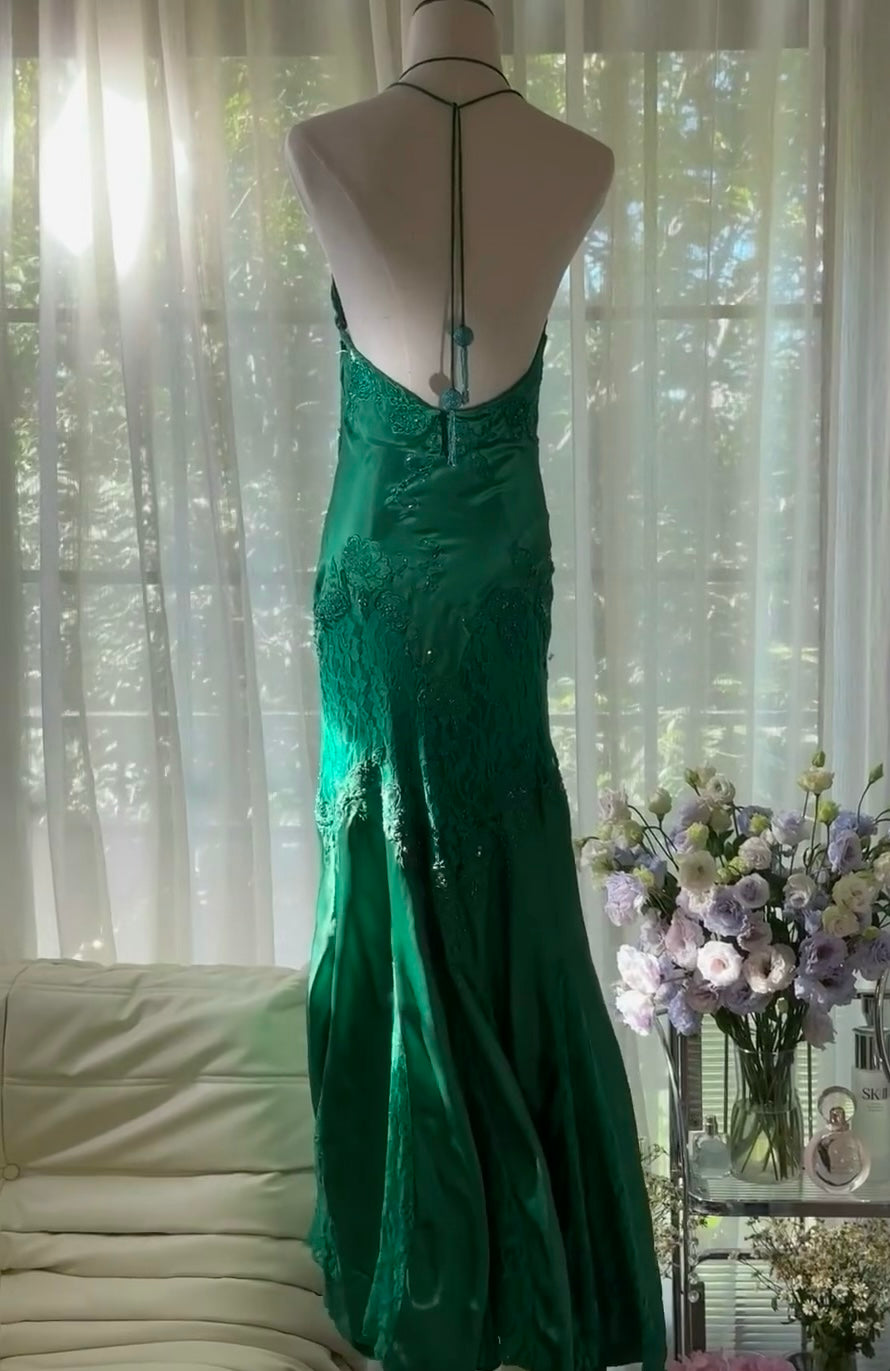 Neckholder Meerjungfrau Grün Ballkleid Applikation Vintage Abendkleid J6549