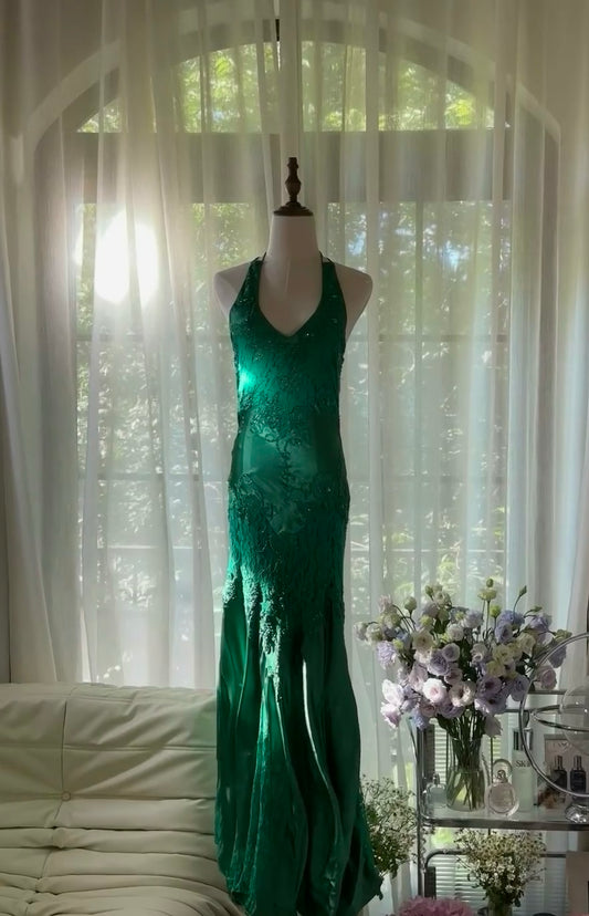 Neckholder Meerjungfrau Grün Ballkleid Applikation Vintage Abendkleid J6549