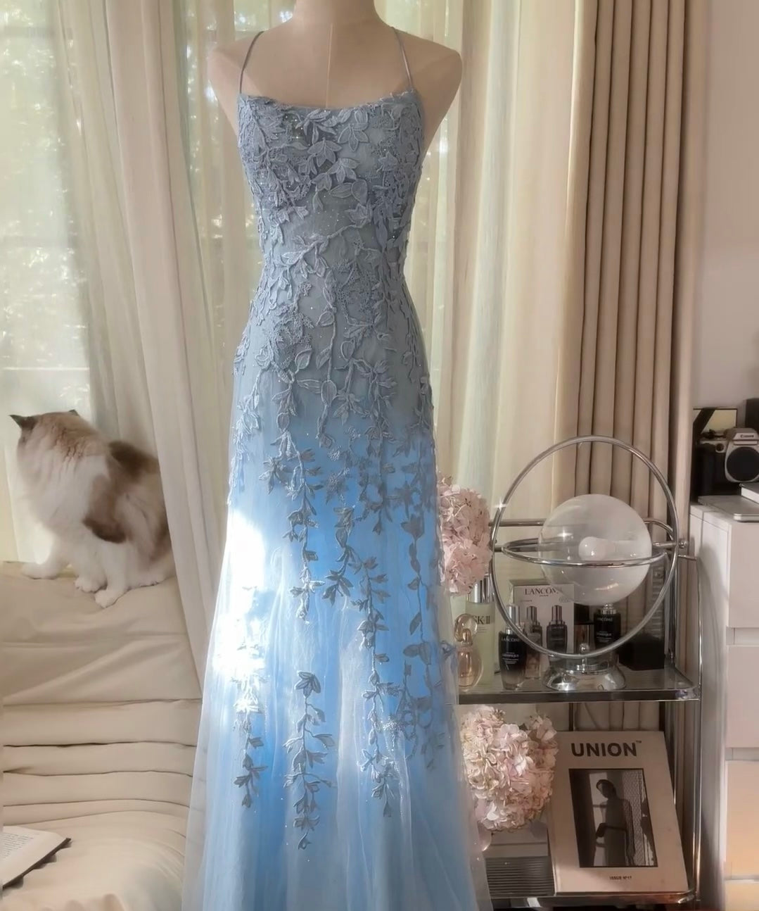 Blue Applique Prom Dress Backless Evening Dress J6551