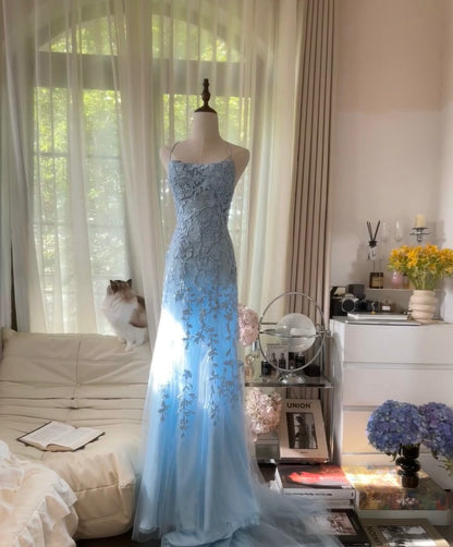 Blue Applique Prom Dress Backless Evening Dress J6551