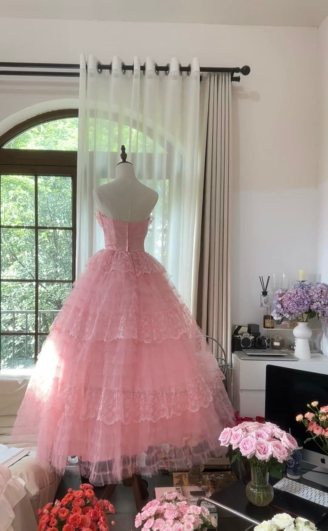 A Line Pink Prom Dress Tulle Lace Sweet 16 Birthday Dress J6552