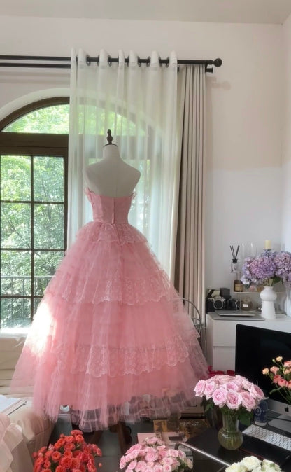 A Line Pink Prom Dress Tulle Lace Sweet 16 Birthday Dress J6552
