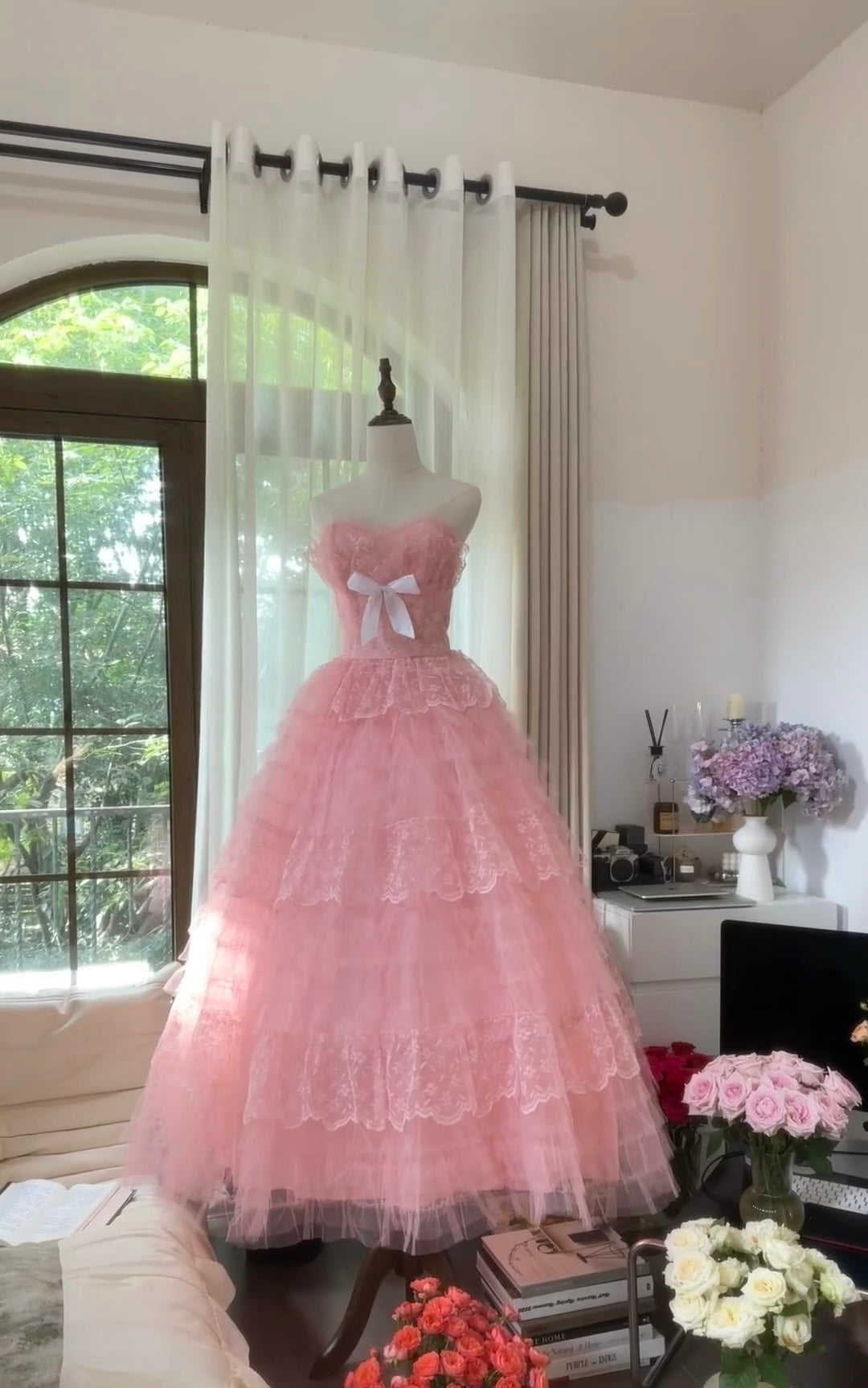 A Line Pink Prom Dress Tulle Lace Sweet 16 Birthday Dress J6552