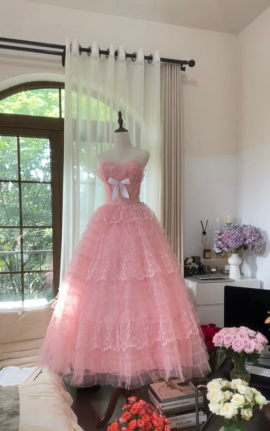 Robe de bal rose trapèze en tulle et dentelle pour 16 ans J6552