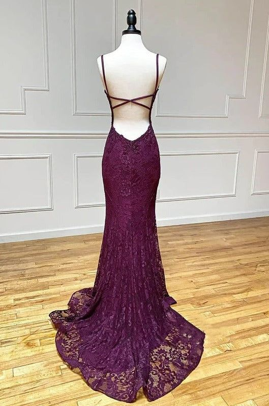 Elegant Mermaid Grape Lace Long Prom Dress Formal Evening Dress With Slit J6556